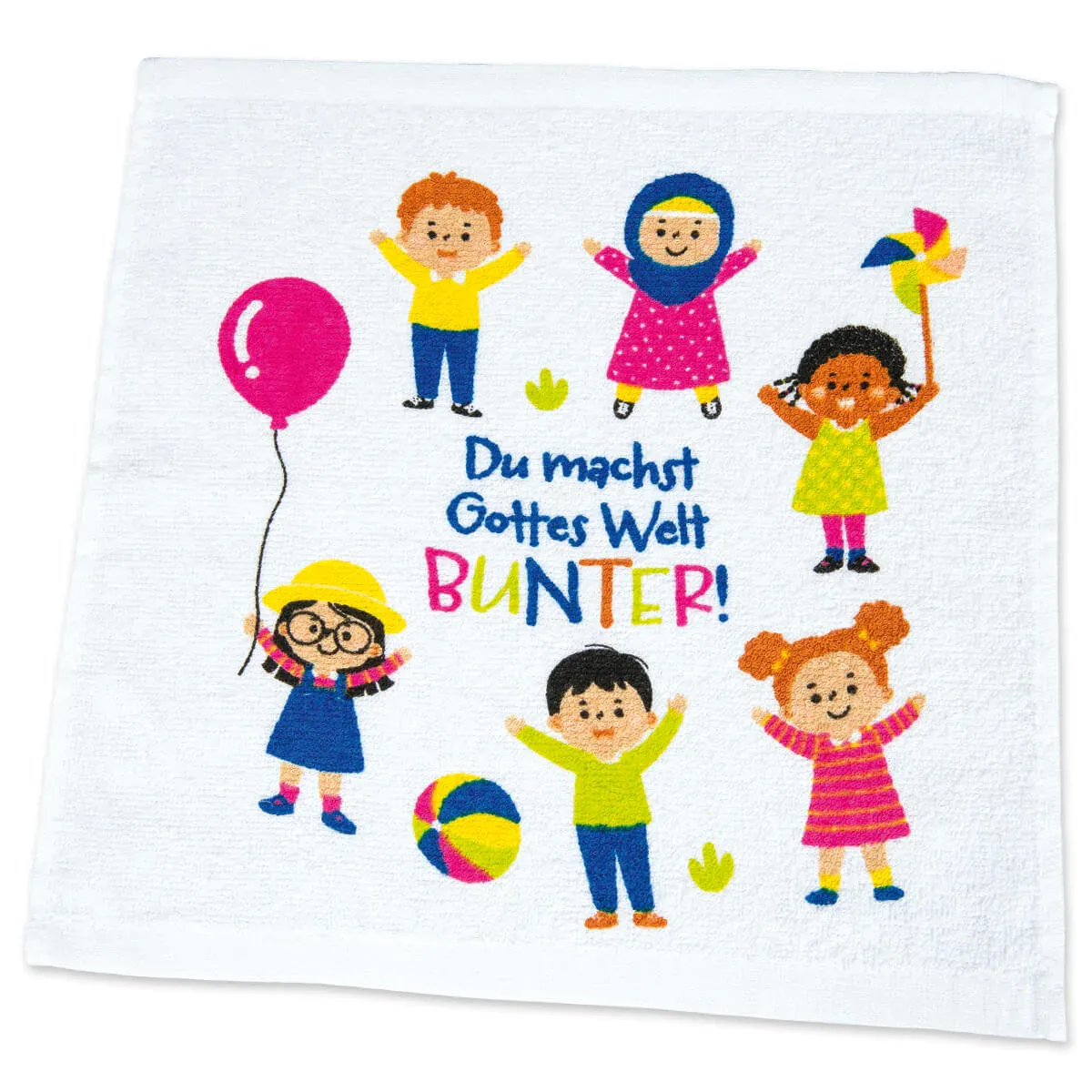 Du machst Gottes Welt bunter - Handtuch (Kinder) - ca 30 x 30 cm, entfaltet sich im warmen Wasser