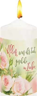 Alles, was ihr tut, geschehe in Liebe (Kerze) - Jahreslosung 2024 - Höhe 10 cm, Durchmesser 5 cm