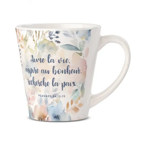 Mug motifs floraux pastels « Aime la vie » Ps. 34.12-15