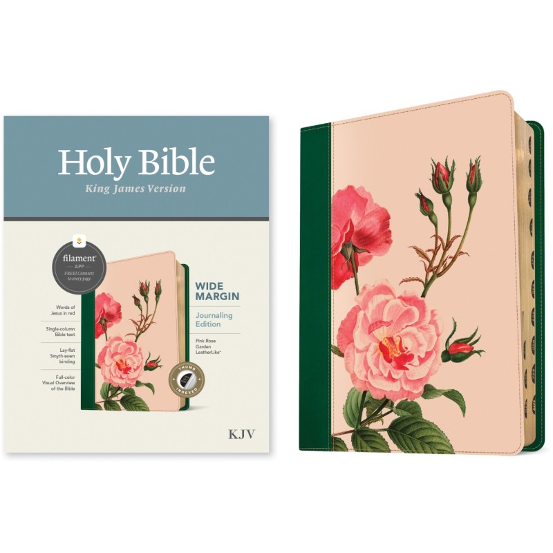 Anglais, Bible, King James Version, grandes marges, similicuir motif rose, onglets, paroles de...