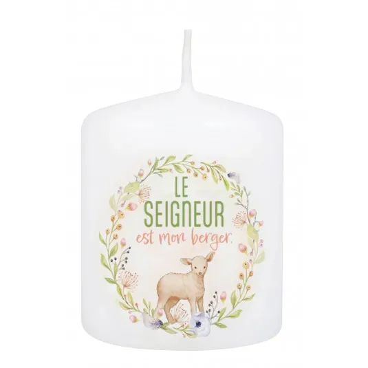 Petite Bougie Pâques, motif fleurs et agneau - Le Seigneur est mon berger
