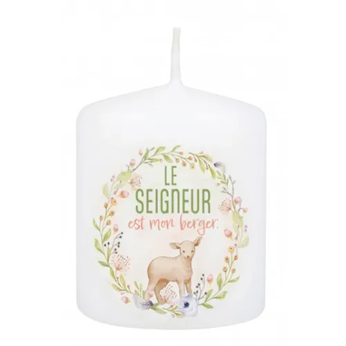 Petite Bougie Pâques, motif fleurs et agneau - Le Seigneur est mon berger