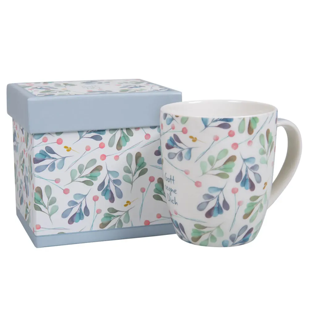 Tasse - Gott segne Dich - weiss, Blattmotiv, 350ml