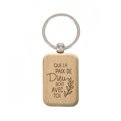 Porte-clés en bois gravé "Que la paix de Dieu soit avec toi" - 3x4.5cm