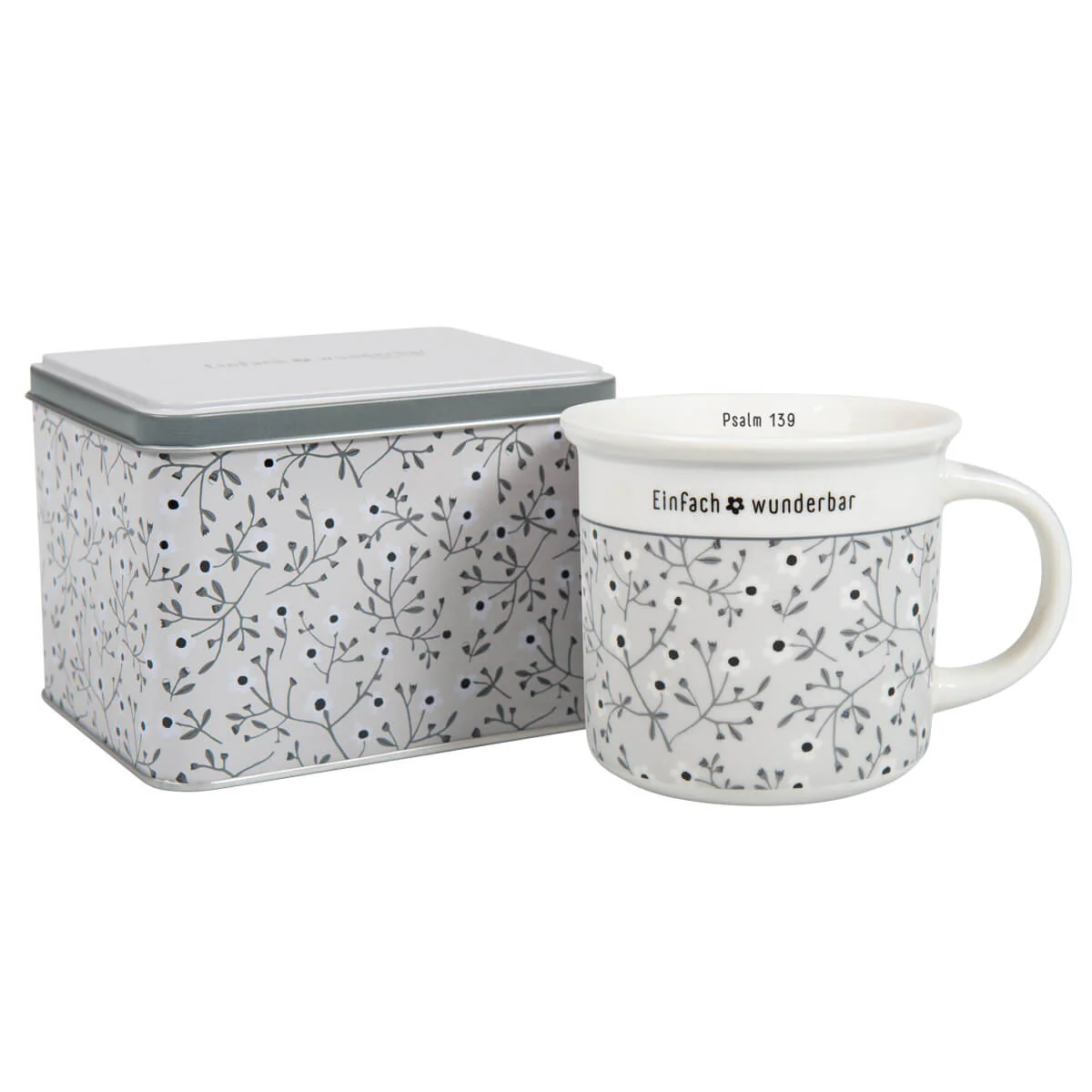 Tasse mit Metalldose - Einfach wunderbar, Psalm 139 - grau, Blumen 350ml