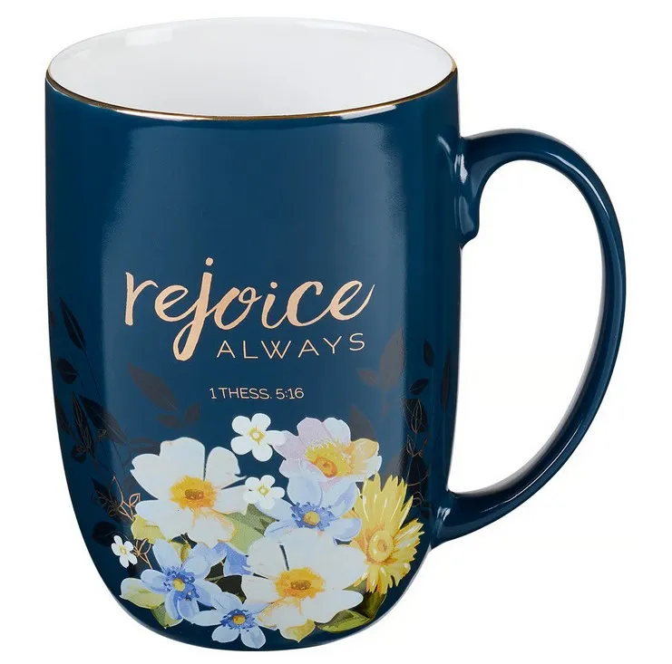 Tasse - Freue dich immer - dunkelblau, Blumenmotif, 444ml
