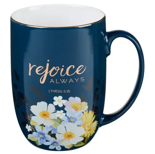 Tasse - Freue dich immer - dunkelblau, Blumenmotif, 444ml