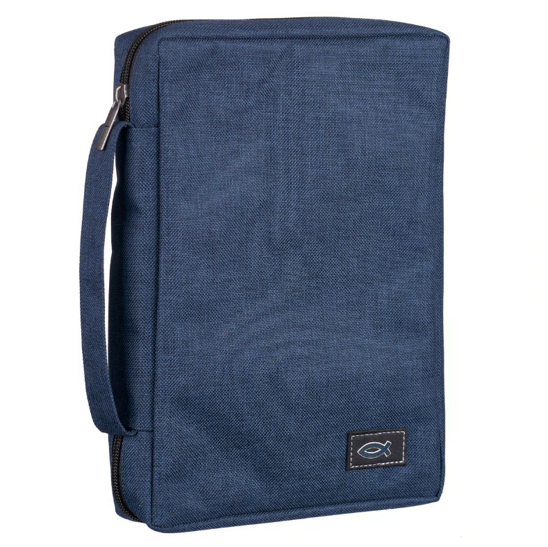 Bibelhülle Ichtus S - blau, mit Reissverschluss, Seitentasche und Tragehenkel