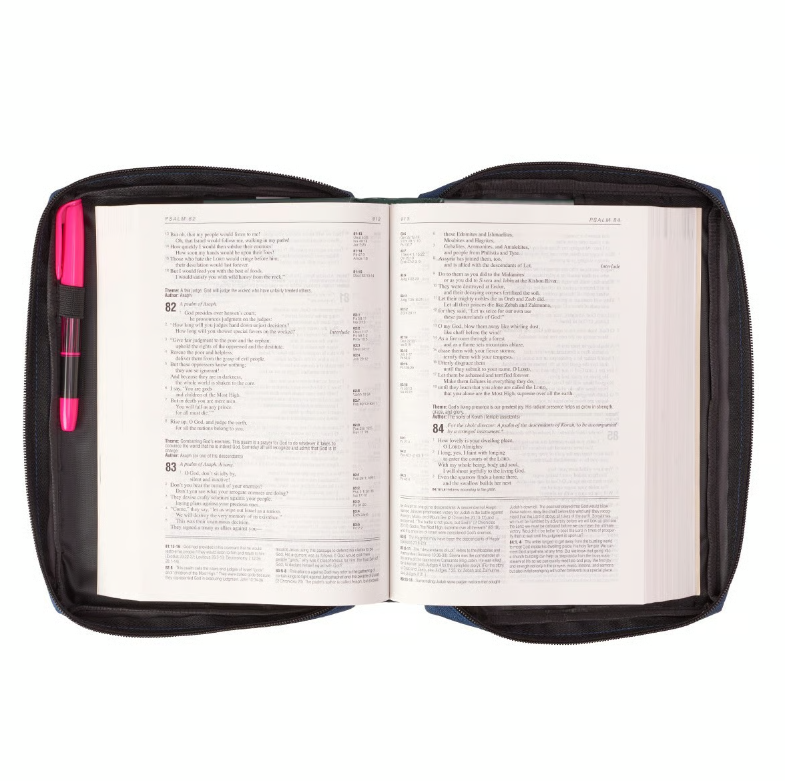 Bibelhülle Ichtus S - blau, mit Reissverschluss, Seitentasche und Tragehenkel