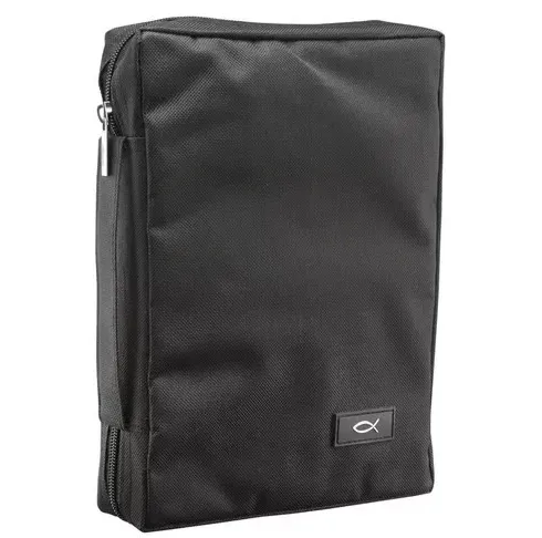 Bibelhülle Ichtus M - schwarz, mit Reissverschluss, Seitentasche und Tragehenkel