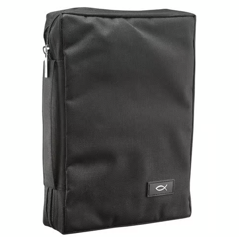 Bibelhülle Ichtus M - schwarz, mit Reissverschluss, Seitentasche und Tragehenkel