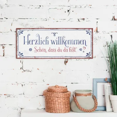 Herzlich willkommen (Metallschild) - 34,5 x 14 cm