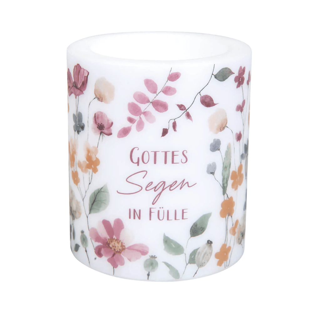 Gottes Segen in Fülle - Wachskerze Windlicht - Höhe: 10,5 cm. Durchmesser: 9 cm