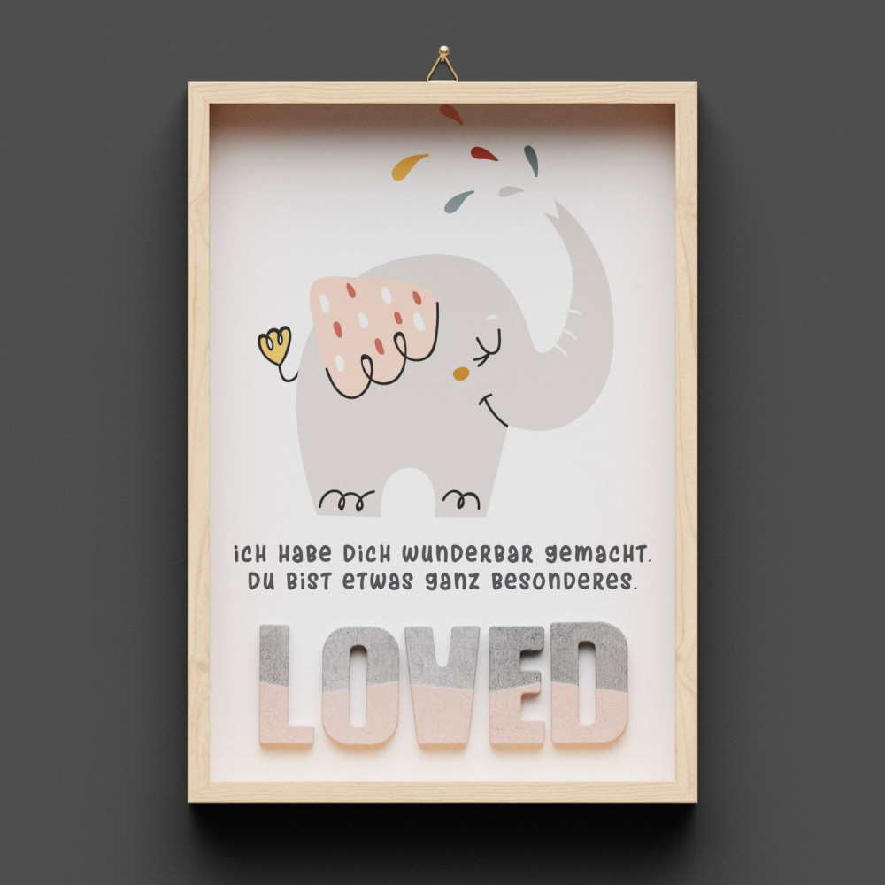 Cementini Wandbild A4 LOVED Elefant - Aus Holz und Betonbuchstaben