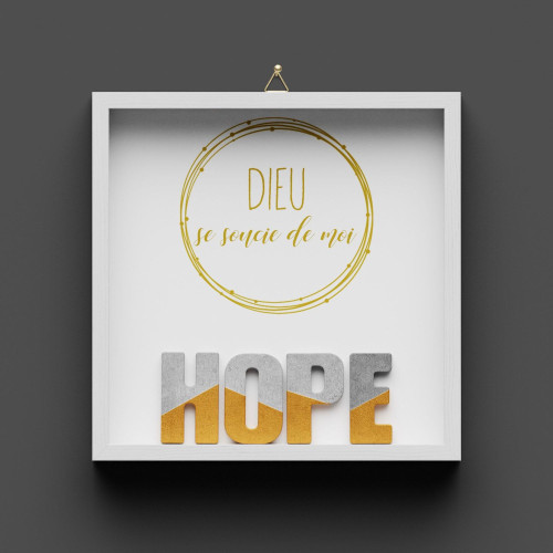 Cadre en bois HOPE - lettres ciment décor doré, cadre peint en blanc, avec crochet