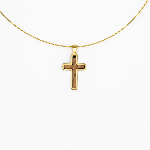 Halskette Kreuz - Olivenholz, goldig, Schmuckdraht