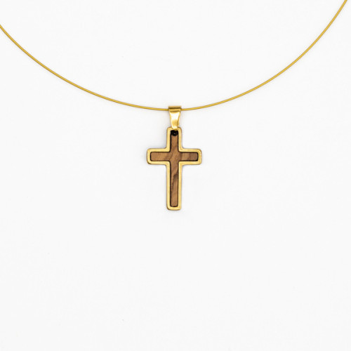 Halskette Kreuz - Olivenholz, goldig, Schmuckdraht