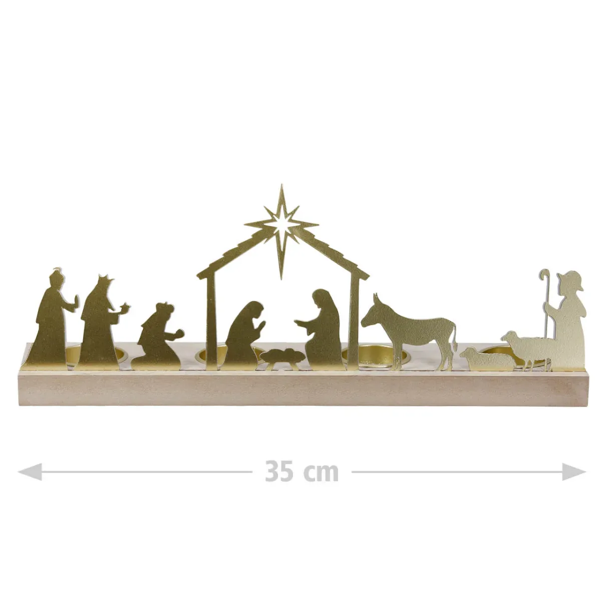 Krippe - Teelichtleuchter (goldfarbene Metallfiguren und Holzleiste)