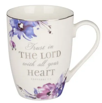 Tasse - Vertraue auf den Herrn - weiss, violett, Blumenmotif