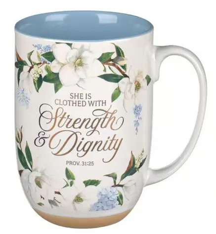 Tasse - Stärke und Würde - blau, Blumenmotif, 444ml