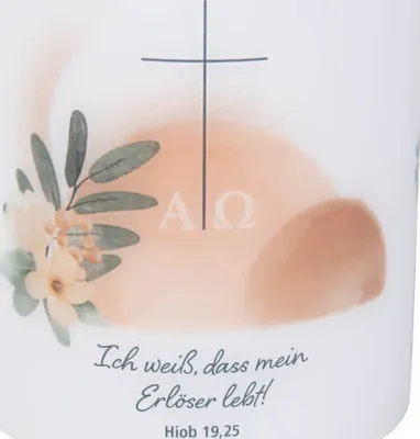 Ich weiß, dass mein Erlöser lebt - Wachskerze Windlicht (Ostern) - Höhe: 10,5 cm. Durchmesser: 9 cm