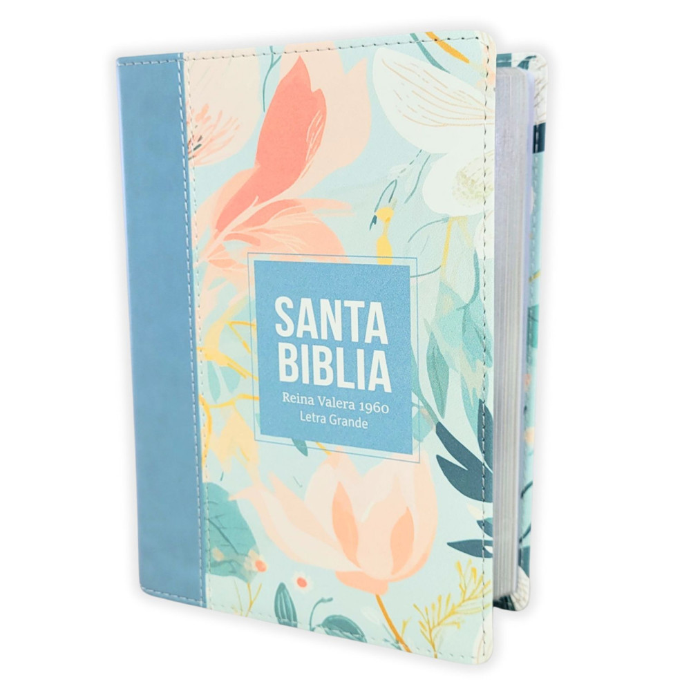 Espagnol, Bible, Reina Valera 1960, compacte, grands caractères, similicuir bleu motif floral -...