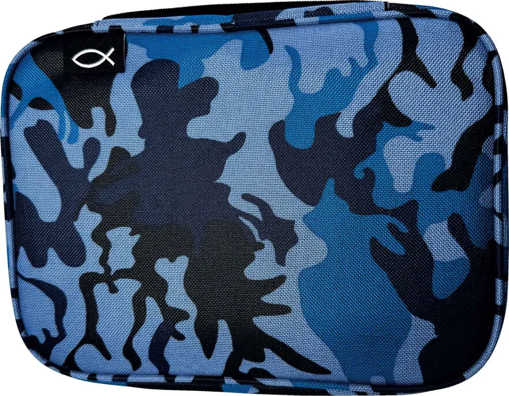 Bibelhülle Ichthys XL - blau, Nylon mit Tragegriff, Leseband, Stiftschllaufe