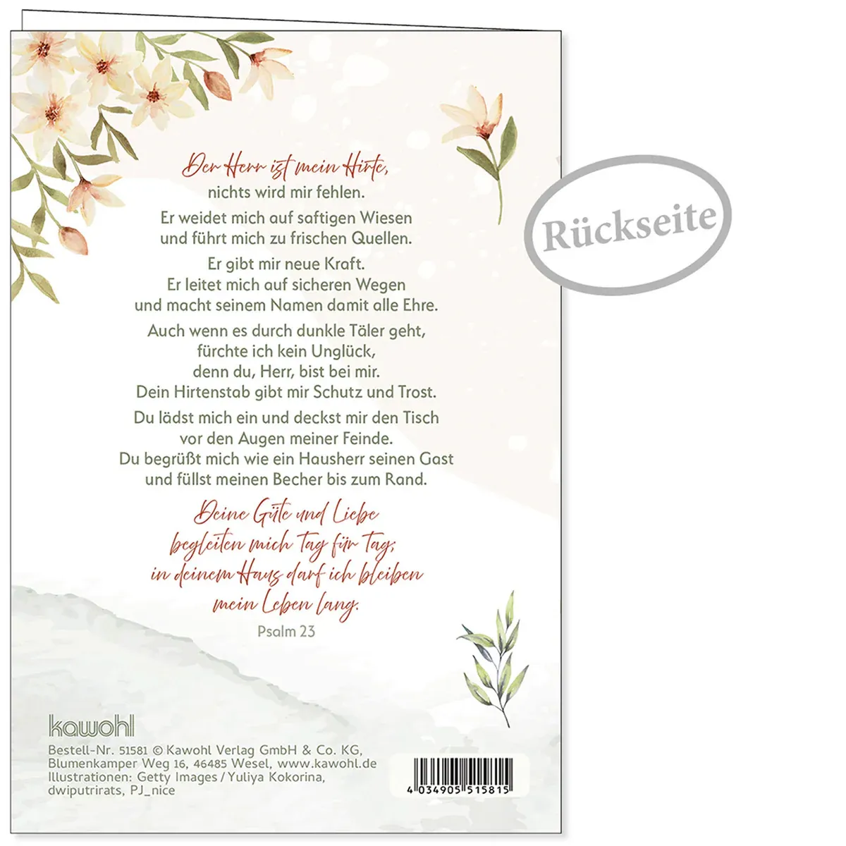 Faltkarte - Zum Geburtstag Gottes Segen - Psalm 23 - mit Umschlag