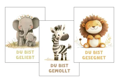 Poster 3er Set Kindermotive A3 - Elefant, Zebra & Löwe