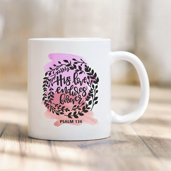 Tasse „His love endures forever“.