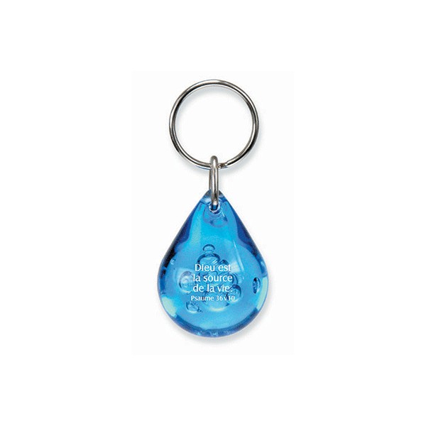 Porte-clés goutte d'eau "Dieu est la source la vie" Ps 36.10 - bleu ou transparent