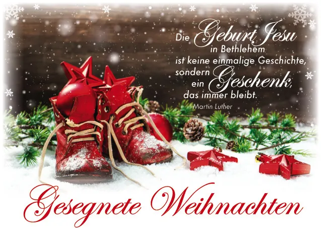 Weihnachten - rote Sterne in Schuhen - Postkarte - Serie mit 12 Stk.