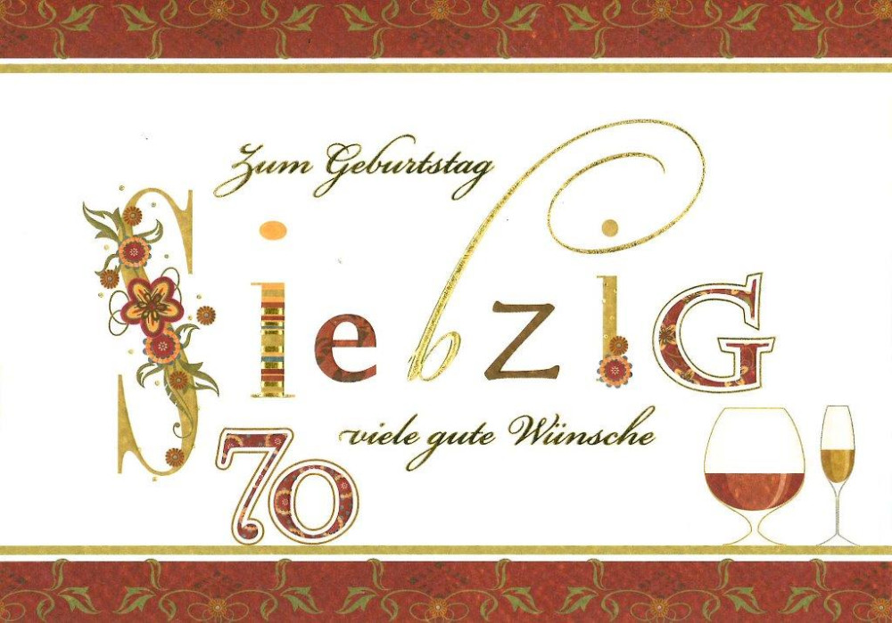 Faltkarte mit Umschlag Geburtstag mit Zahl 70 Blumen, Wein