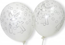 SACHET DE 8 BALLONS BLANCS AVEC CROIX, BOUGIE ET COLOMBE