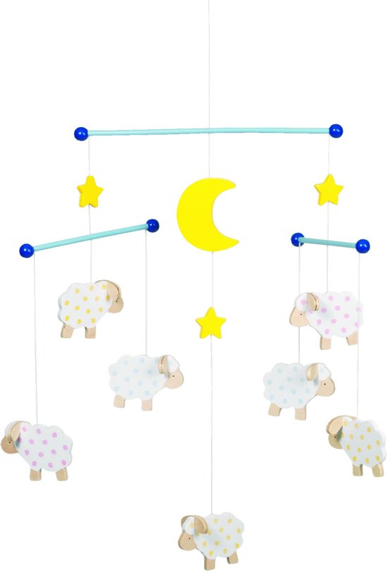 MOBILE MOUTONS EN BOIS PEINTS 40X38CM