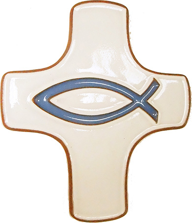 CROIX CERAMIQUE ICHTHUS BLANC/BLEU 7,5X9CM