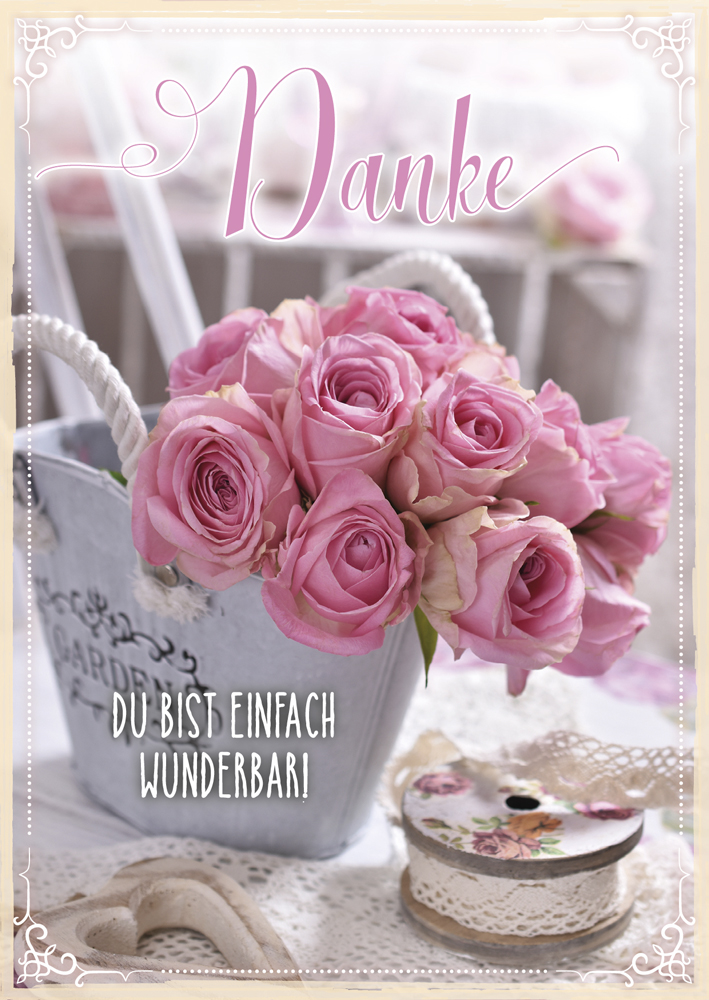 Postkarte Danke rosa Rosen Vintage - 12 Stück pro Päckchen