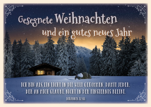 Postkarte Weihnachten Hütte im Schnee - 12 Stück pro Päckchen