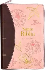 Espagnol, Bible RVR 1960, format moyen, gros caractères, similicuir duo rose/brun, motifs fleurs, avec fermeture éclair - Biblia