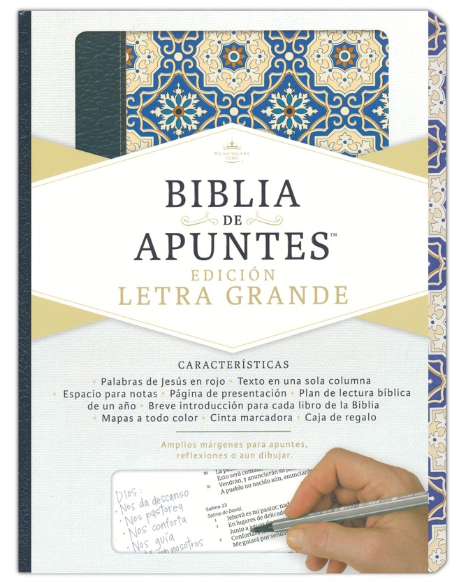 Spanisch, Logbuch Bibel Reina Valera 1960, Leder, Einband Leinen mit creme/blauer Mosaik