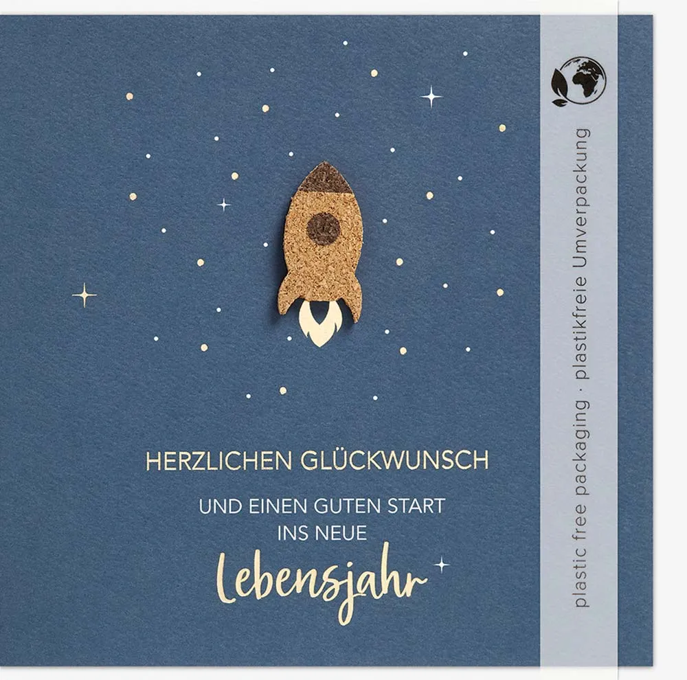 Doppelkarte Einen guten Start Rakete mit Kork-Applikation