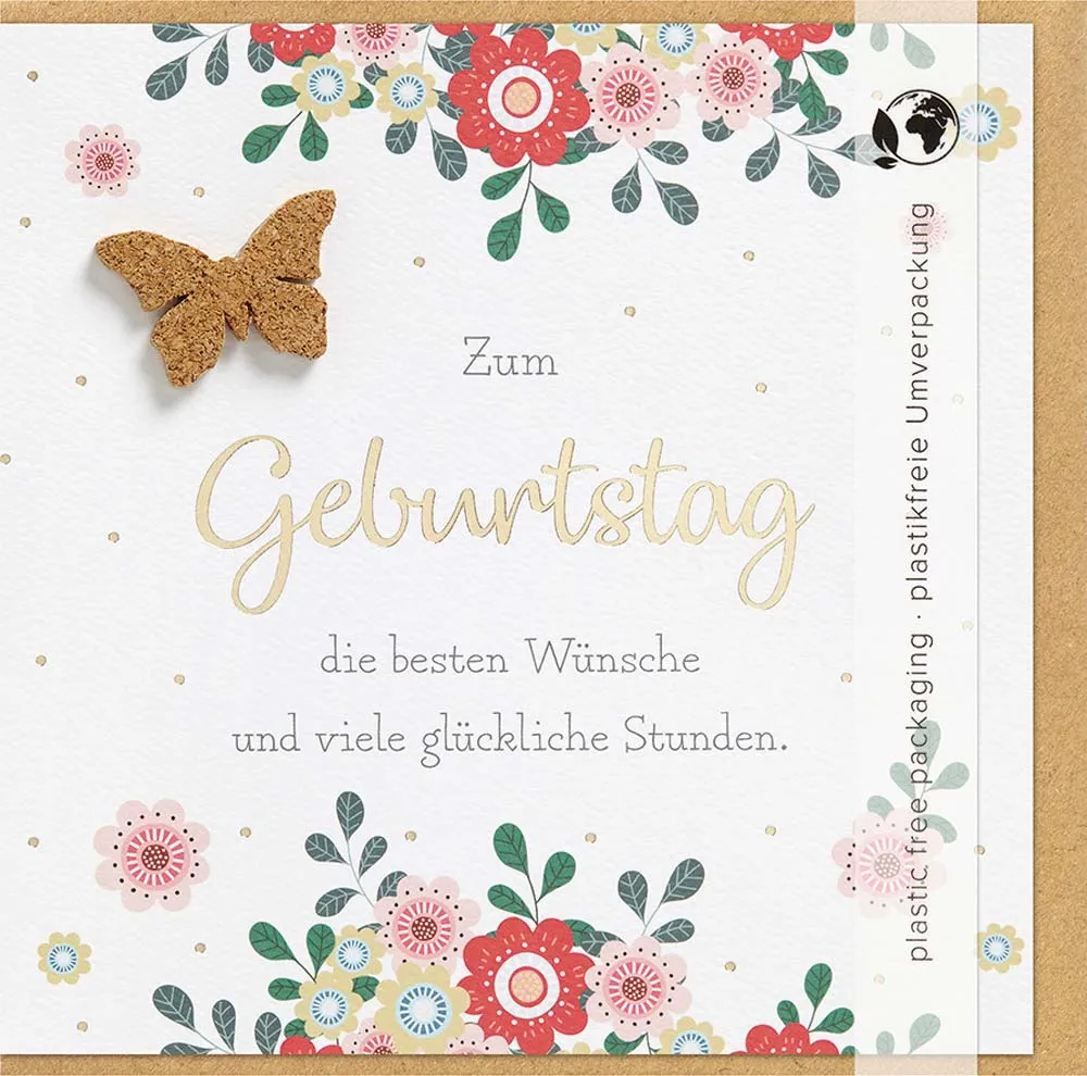 Doppelkarte Beste Wünsche, glückliche Stunden mit Kork-Applikation