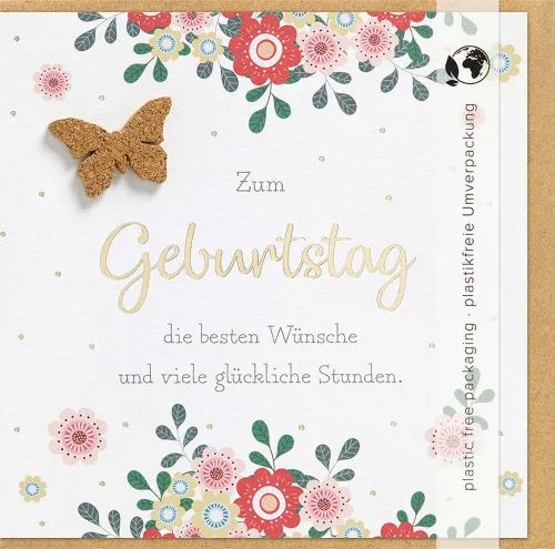 Doppelkarte Beste Wünsche, glückliche Stunden mit Kork-Applikation