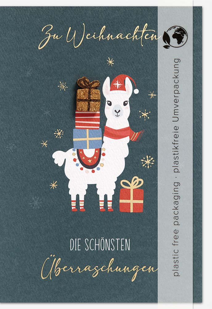 Doppelkarte Weihnachten Lama mit Päckchen mit Kork-Applikation