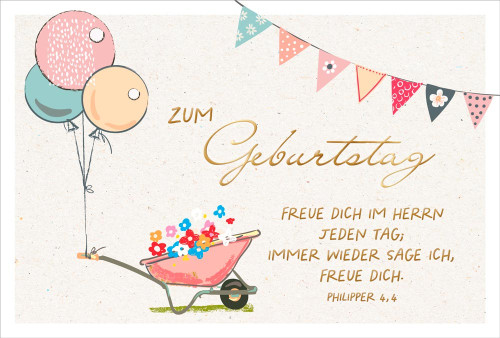 Postkarte Geburtstag Luftballons an Schubkarre