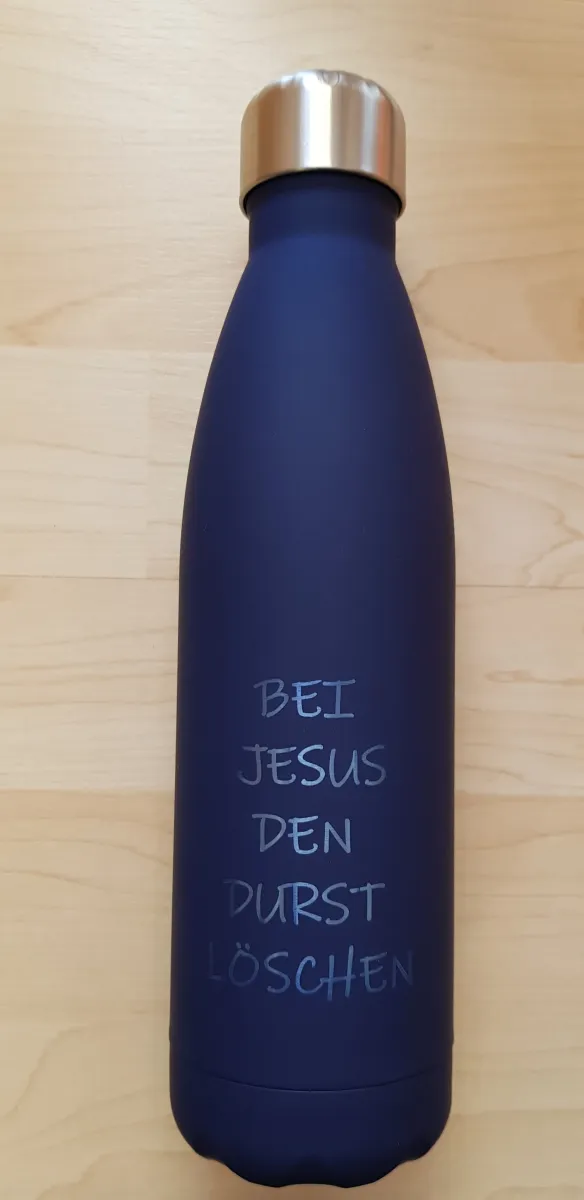 Trinkflasche isoliert, "Bei Jesus den Durst löschen" - dunkelblau, 500 ml
