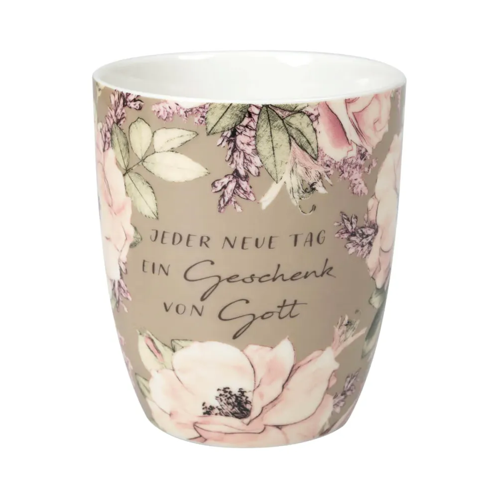 Tasse - Jeder neue Tag ein Geschenk von Gott - beige, Blumen, 350ml